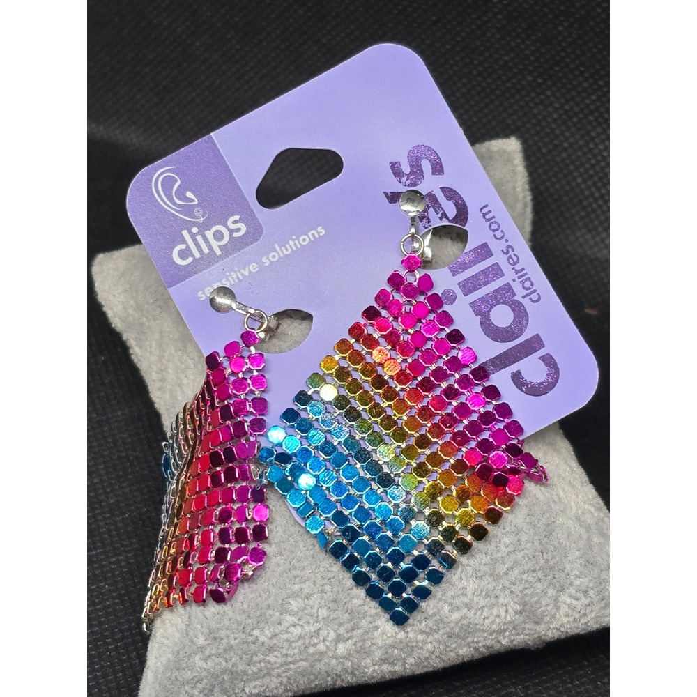 Claire's Rainbow Mesh Clip On Earring Ombre Diamond Chainmail Sensitive Solution